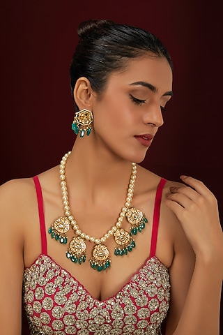 Gold Plated Kundan Polki & Beaded Long Necklace Set by Just Shraddha