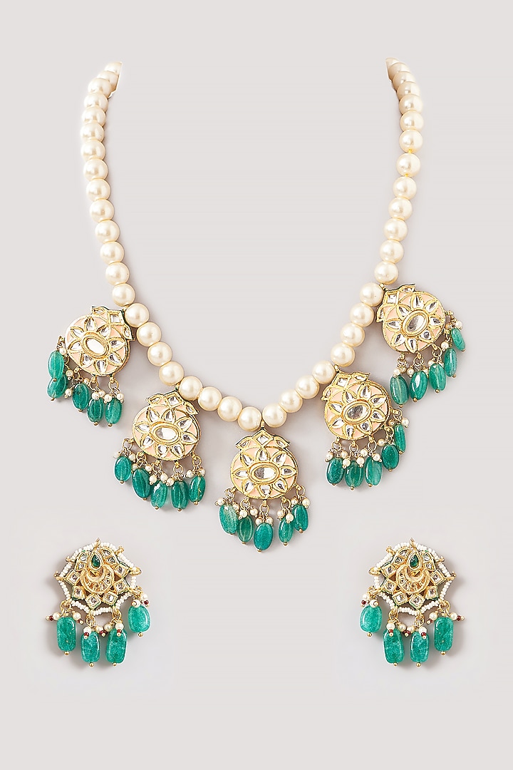 Gold Plated Kundan Polki & Beaded Long Necklace Set by Just Shraddha at Pernia's Pop Up Shop