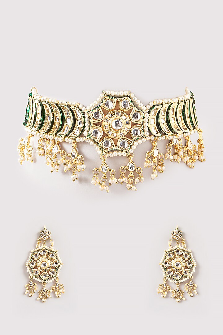 Gold Plated Kundan Polki & Pearl Meenakari Choker Necklace Set by Just Shraddha at Pernia's Pop Up Shop