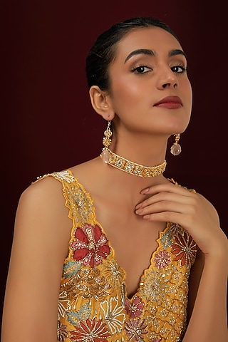 Gold Plated Kundan Polki & Beaded Choker Necklace Set by Just Shraddha