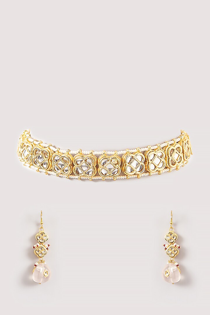 Gold Plated Kundan Polki & Beaded Choker Necklace Set by Just Shraddha at Pernia's Pop Up Shop