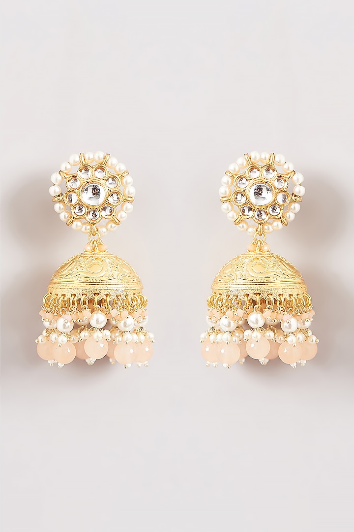 Gold Plated Kundan Polki & Pearl Jhumka Earrings by Just Shraddha at Pernia's Pop Up Shop