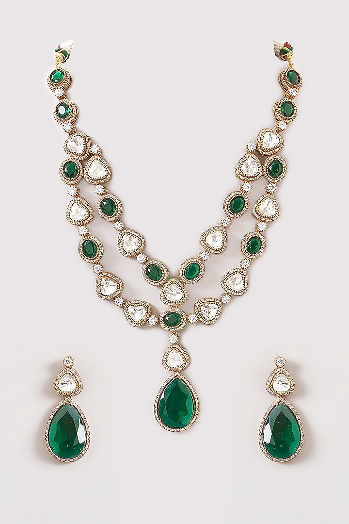 Gold Plated Emerald & White Stone Tiered Necklace Set by Just Shraddha at Pernia's Pop Up Shop
