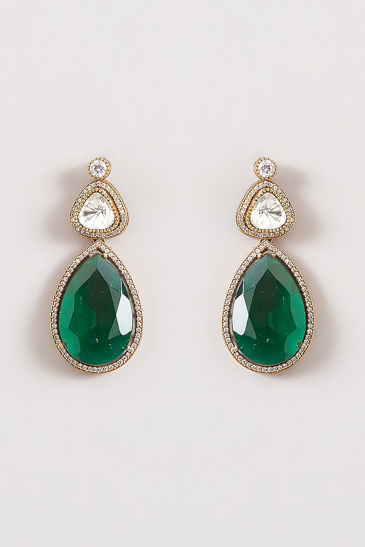 Gold Plated Emerald & White Stone Tiered Necklace Set by Just Shraddha at Pernia's Pop Up Shop