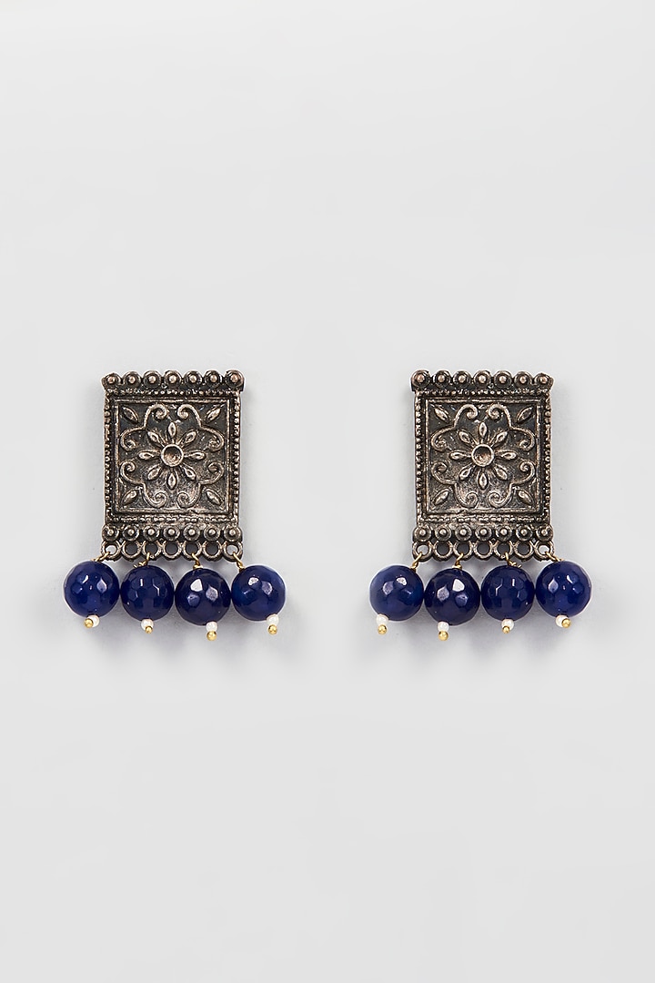 Black Rhodium Finish Blue Beaded Dangler Earrings by Just Shraddha at Pernia's Pop Up Shop