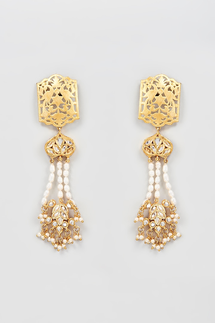 Gold Plated Peacock Motif Pearl Dangler Earrings by Just Shraddha