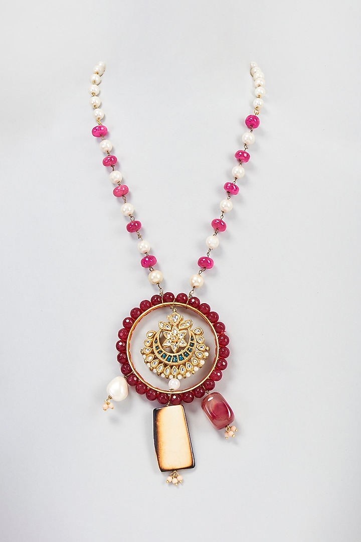 Gold Finish Pearl & Bead Long Pendant Necklace by Just Shraddha at Pernia's Pop Up Shop
