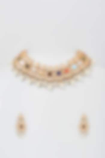 Gold Plated Kundan Polki & Navratan Choker Necklace by Just Shraddha at Pernia's Pop Up Shop