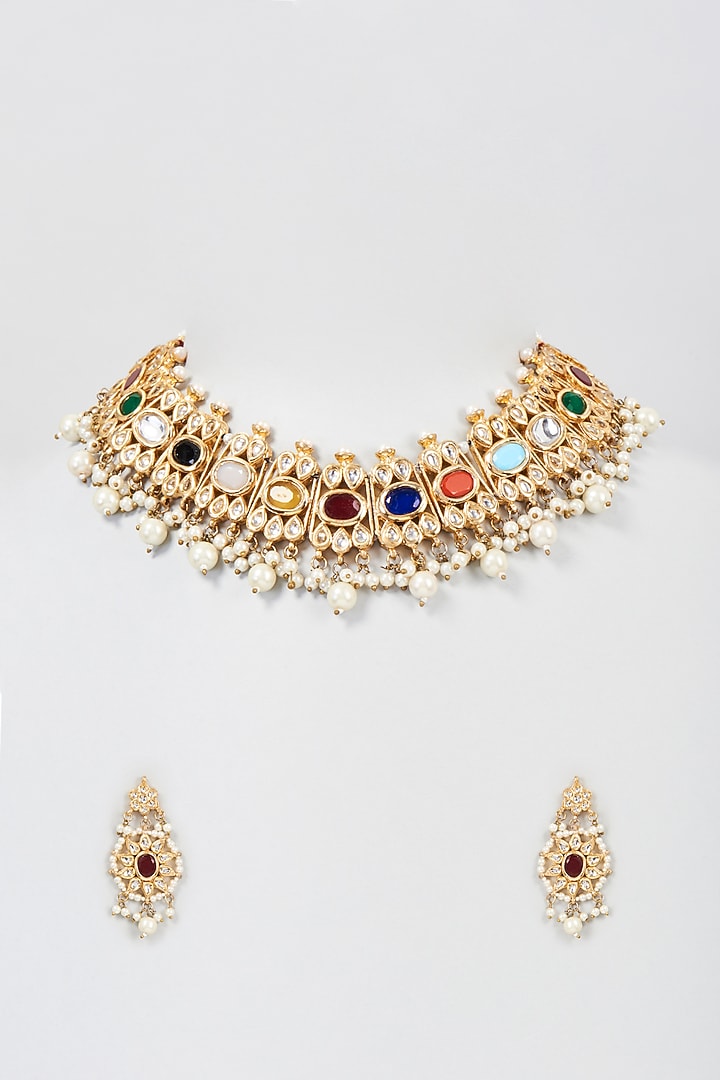 Gold Plated Kundan Polki & Navratan Choker Necklace by Just Shraddha at Pernia's Pop Up Shop