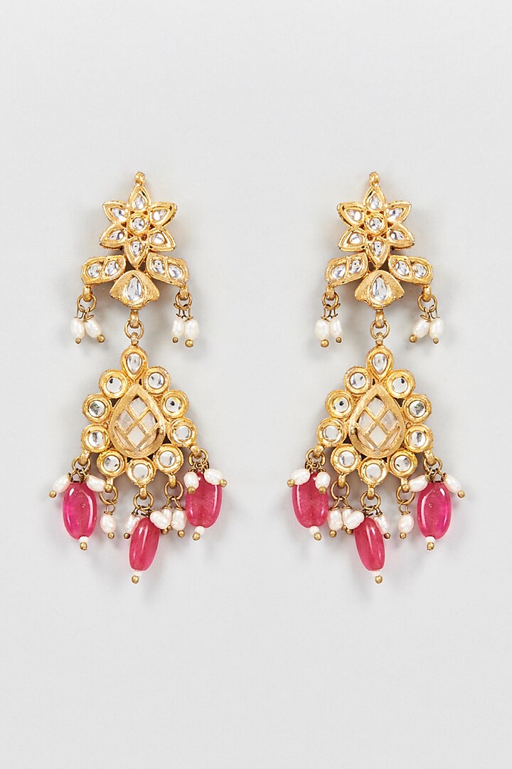 Gold Plated Kundan & Ruby Dangler Earrings by Just Shraddha