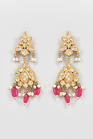 Gold Plated Kundan & Ruby Dangler Earrings by Just Shraddha