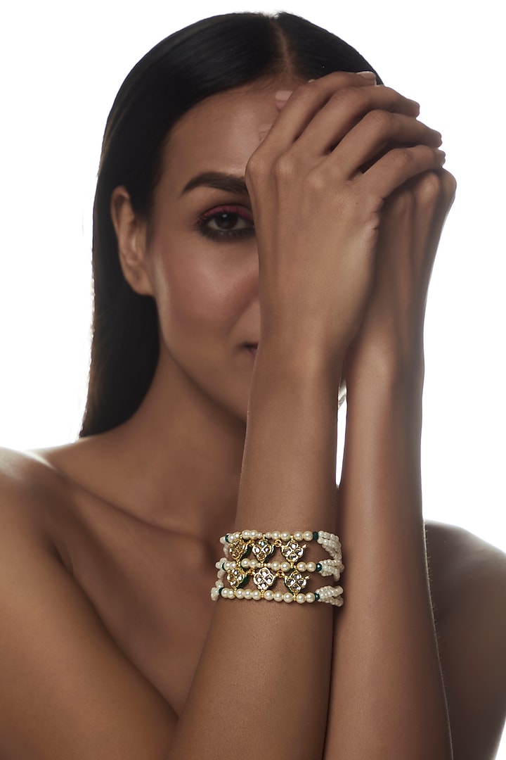 Gold Plated Kundan & Pearls Bracelet by Just Shraddha at Pernia's Pop Up Shop