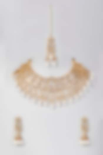 Gold Plated Kundan Polki & Pearls Choker Necklace Set by Just Shraddha