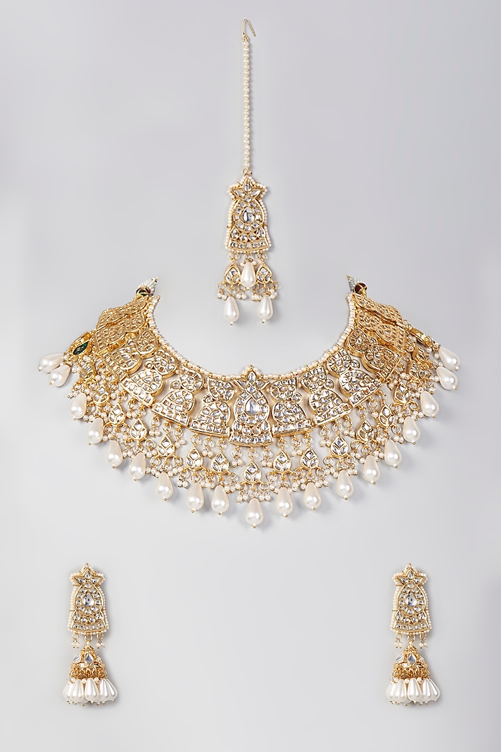 Gold Plated Kundan Polki & Pearls Choker Necklace Set by Just Shraddha