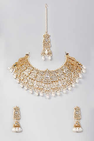 Gold Plated Kundan Polki & Pearls Choker Necklace Set by Just Shraddha