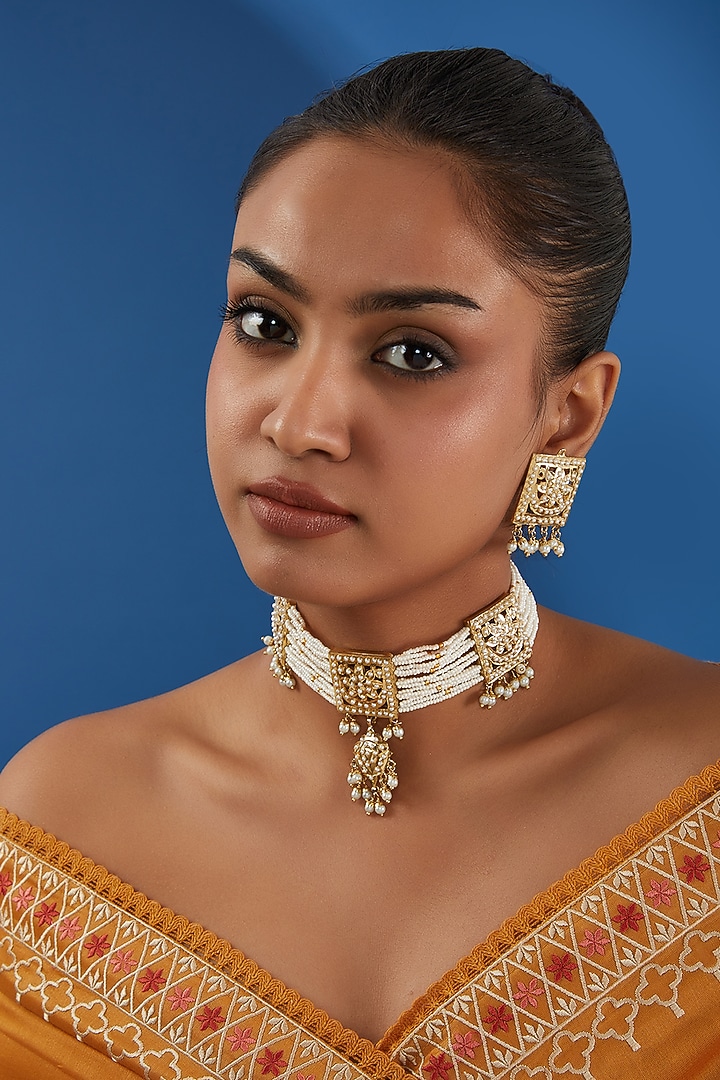 Gold Plated Jadau & Pearl Choker Necklace Set by Just Shraddha at Pernia's Pop Up Shop
