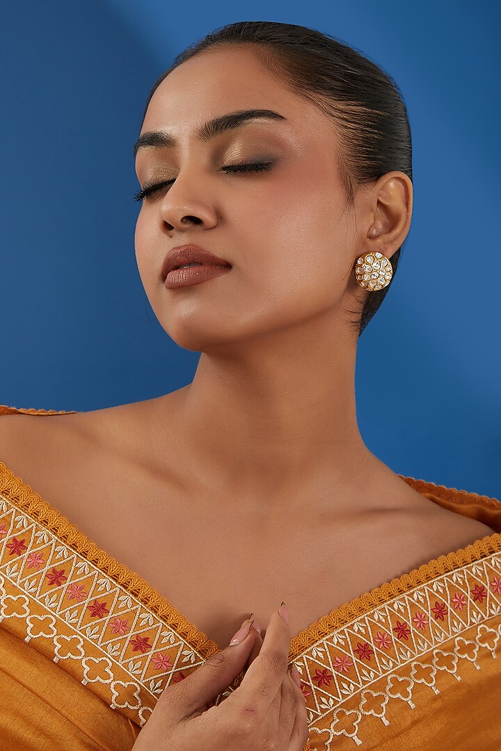Gold Plated Kundan Polki Stud Earrings by Just Shraddha at Pernia's Pop Up Shop