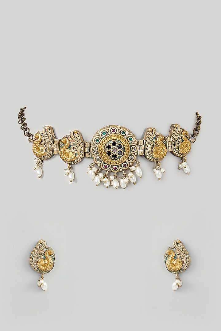 Gold Finish Pearl & Kundan Polki Choker Necklace Set by Just Shraddha at Pernia's Pop Up Shop