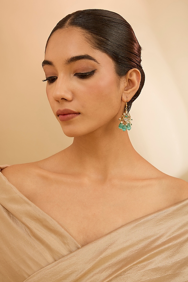 Gold Finish Kundan Polki & Beaded Dangler Earrings by Just Shraddha at Pernia's Pop Up Shop