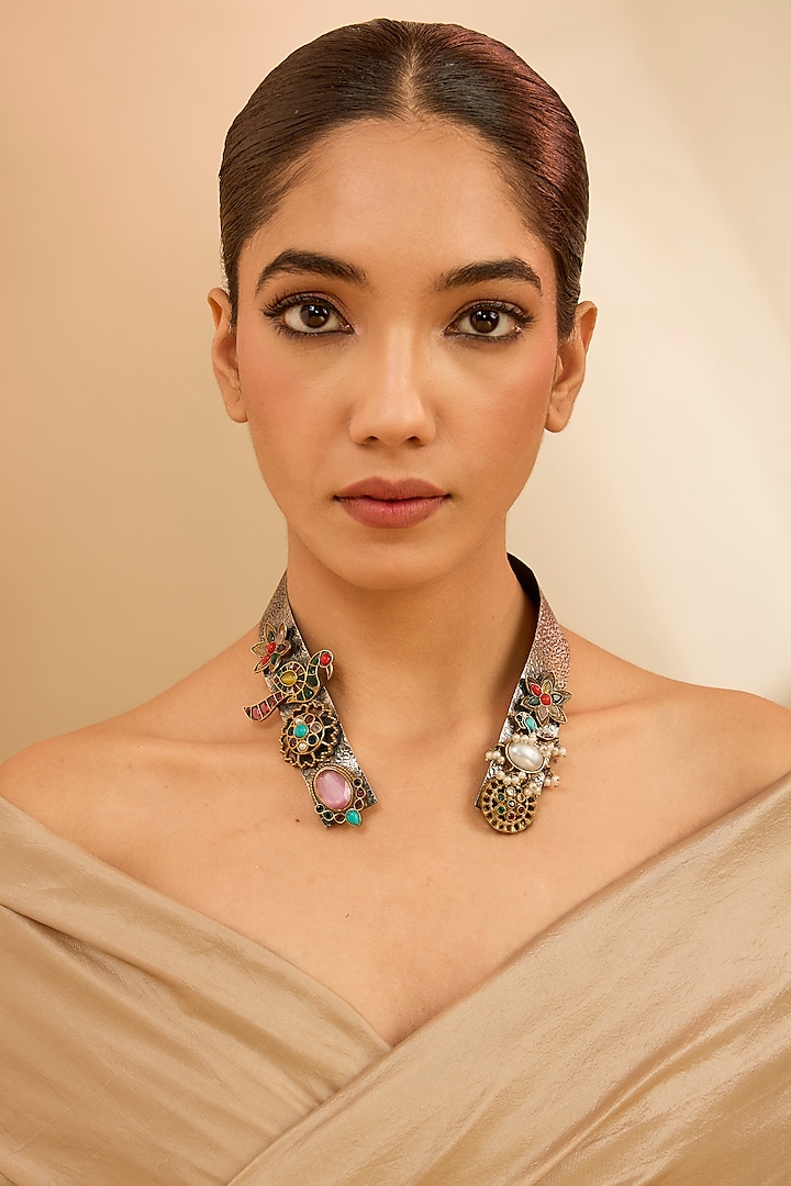 Two Tone Finish Kundan Polki & Beaded Necklace Set by Just Shraddha at Pernia's Pop Up Shop