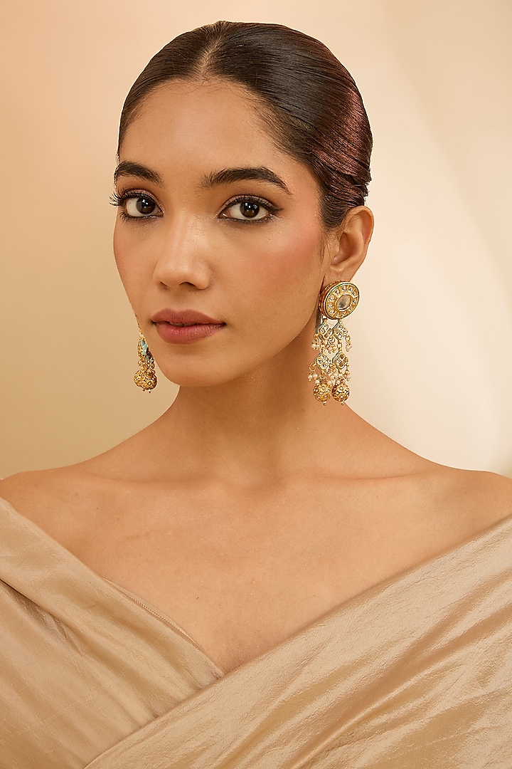 Gold Finish Kundan Polki & Beaded Dangler Earrings by Just Shraddha at Pernia's Pop Up Shop