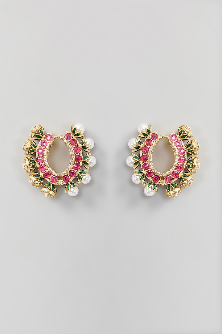 Gold Finish Kundan Polki & Pearl Hoop Earrings by Just Shraddha at Pernia's Pop Up Shop