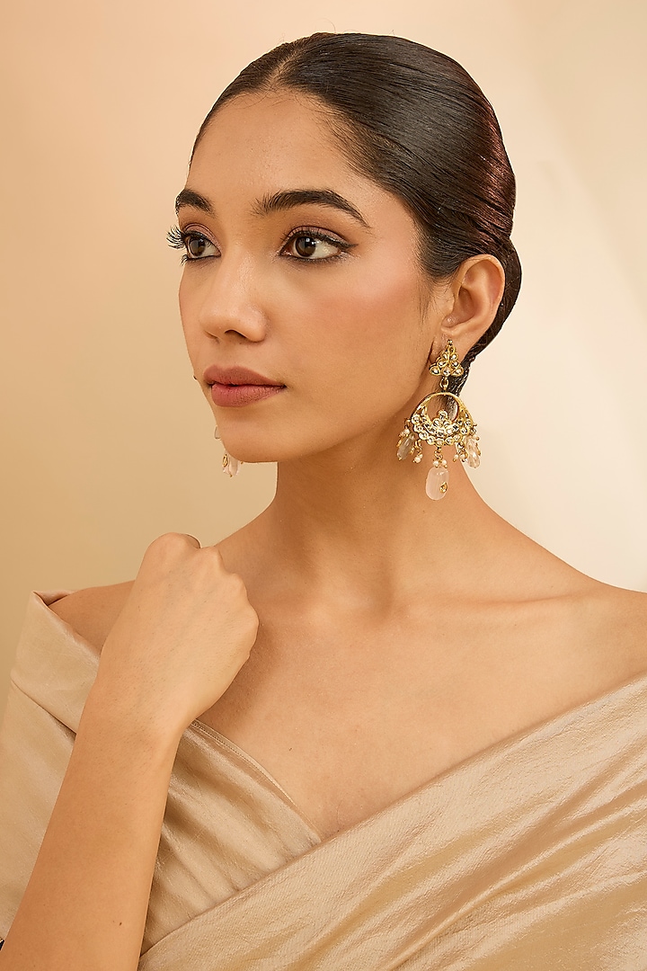 Gold Finish Kundan Polki & Beaded Chandbali Earrings by Just Shraddha at Pernia's Pop Up Shop