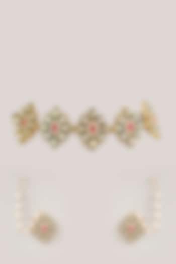 Gold Plated Green Kundan Polki & Pearl Choker Necklace Set by Just Shraddha at Pernia's Pop Up Shop