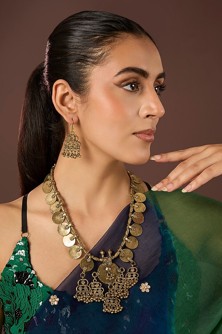 Dull Gold Plated Mixed Metal Long Necklace Set by Just Shraddha at Pernia's Pop Up Shop