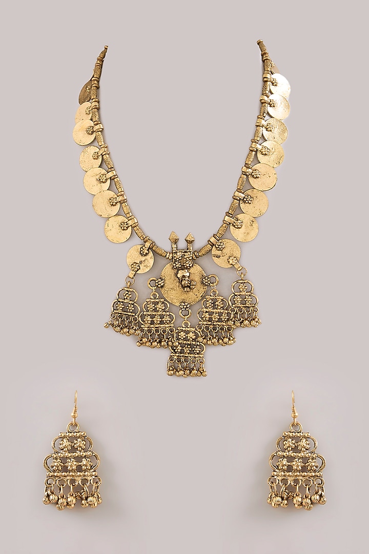 Dull Gold Plated Mixed Metal Long Necklace Set by Just Shraddha at Pernia's Pop Up Shop