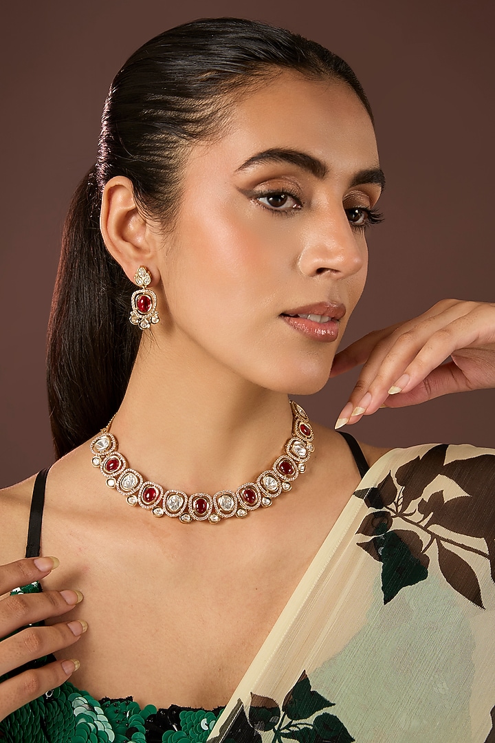 Gold Plated Multi-Colored Kundan Polki Necklace Set by Just Shraddha at Pernia's Pop Up Shop