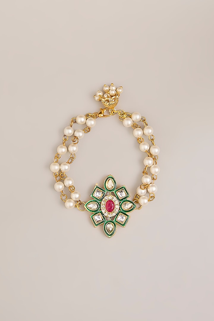 Gold Plated Multi-Colored Kundan Polki & Pearl Bracelet by Just Shraddha at Pernia's Pop Up Shop