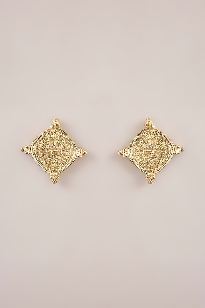 Gold Finish Coin Stud Earrings by Just Shraddha at Pernia's Pop Up Shop