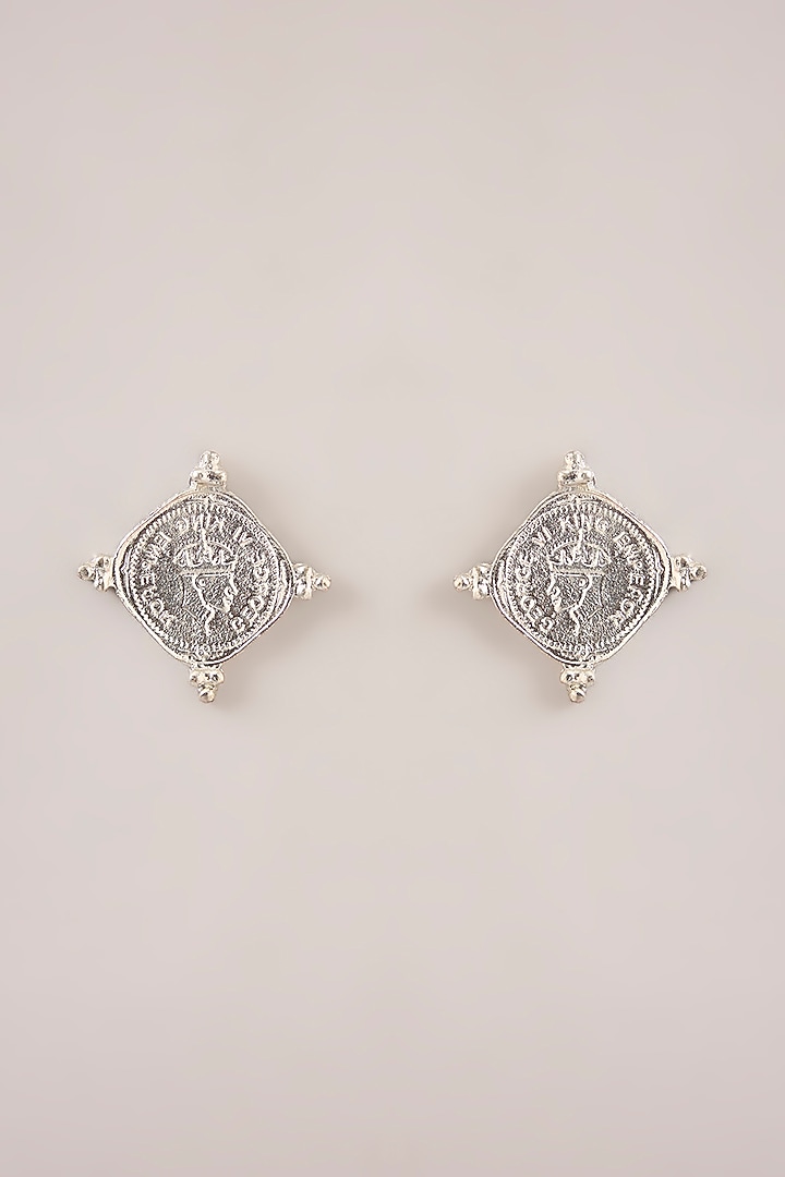 White Rhodium Coin Stud Earrings by Just Shraddha at Pernia's Pop Up Shop