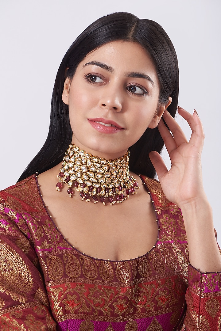 Gold Plated Red Rhodolite Beaded Choker Necklace by Just Shraddha