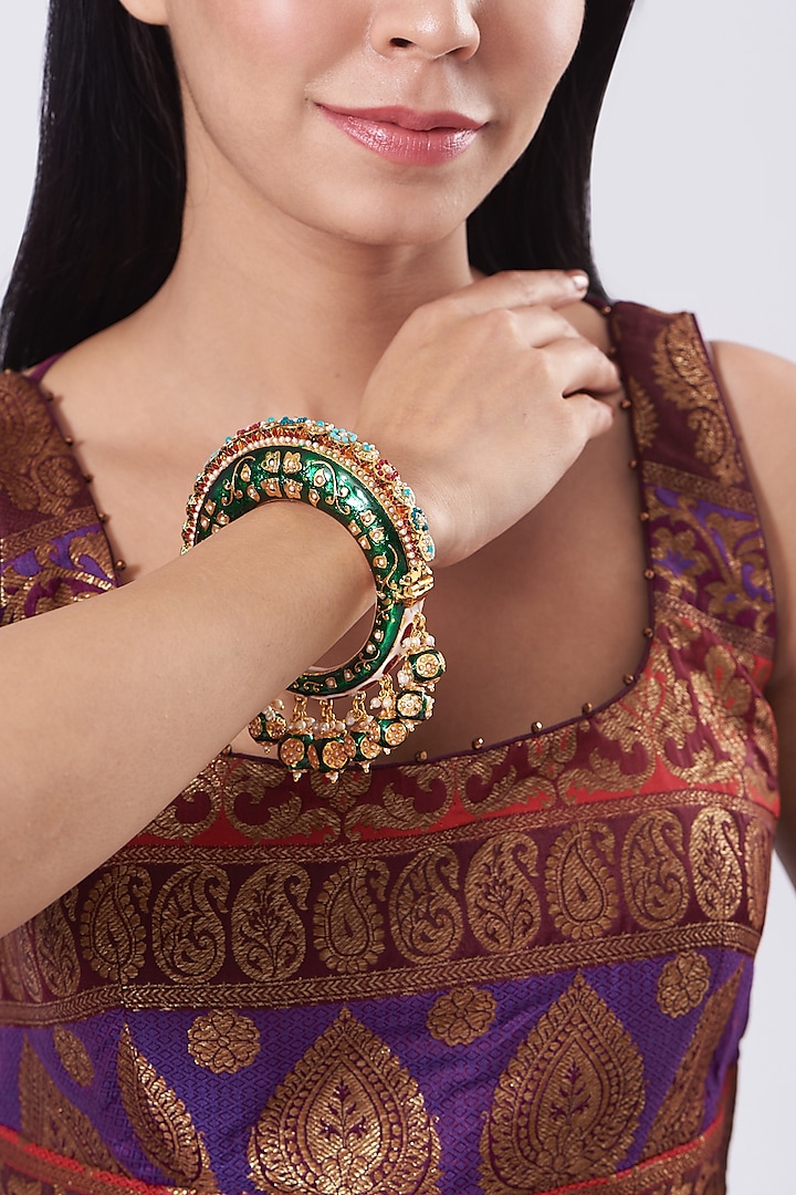 Gold Plated Green Beaded Bangle by Just Shraddha