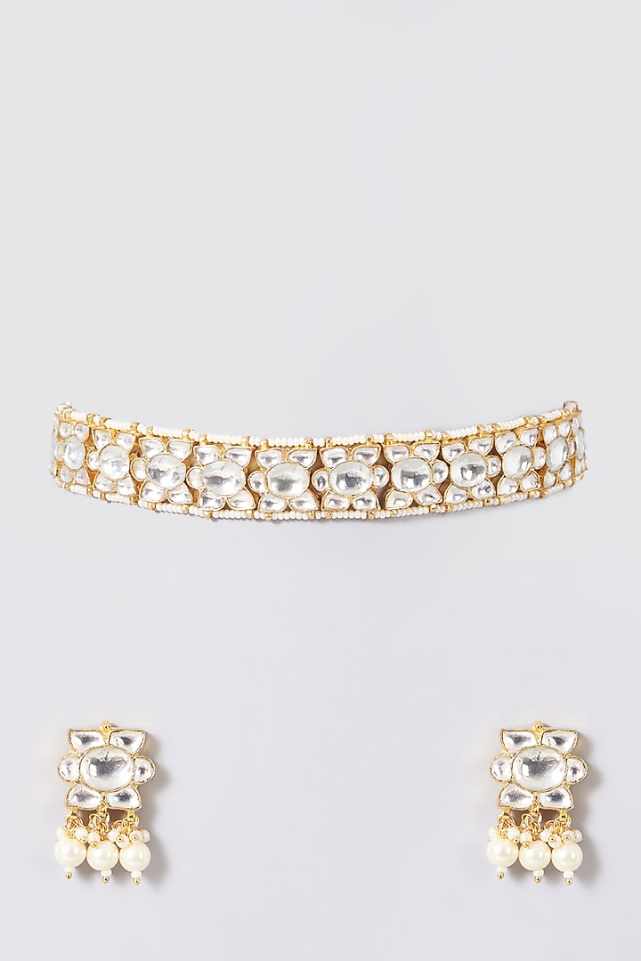 Gold Plated White Stone Choker Necklace Set by Just Shraddha at Pernia's Pop Up Shop