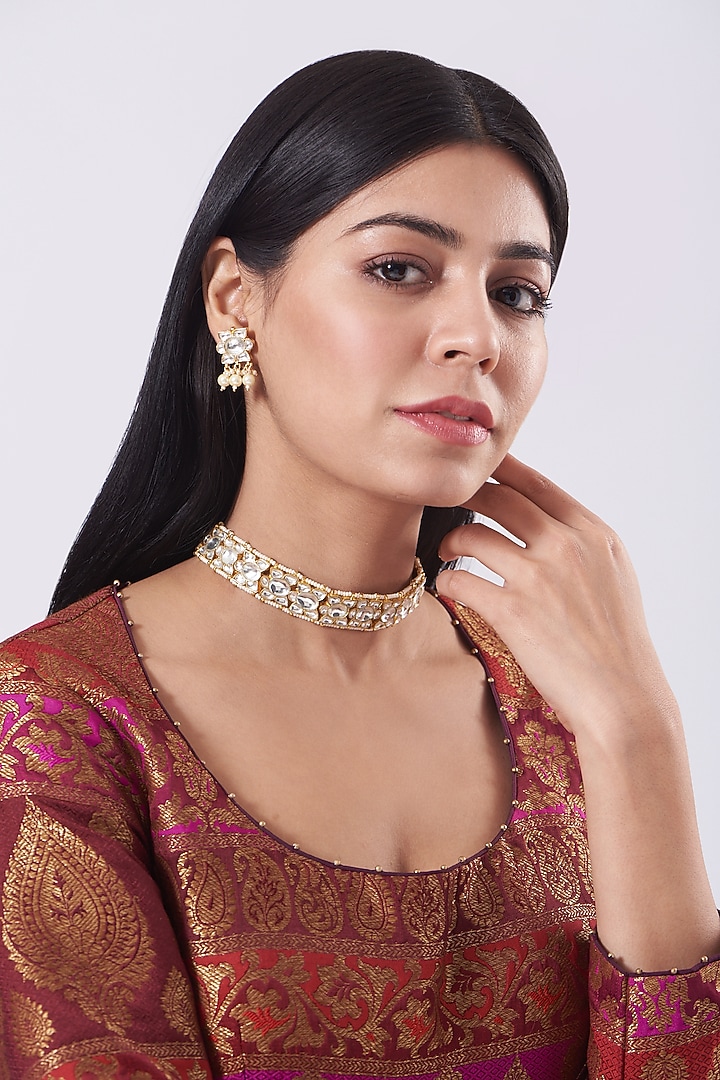 Gold Plated White Stone Choker Necklace Set by Just Shraddha at Pernia's Pop Up Shop