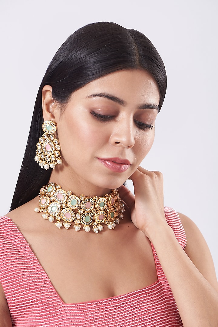 Gold Pastel Stone Choker Necklace Set by Just Shraddha