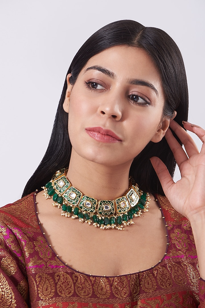 Gold Plated Green Enameled Choker Necklace by Just Shraddha at Pernia's Pop Up Shop