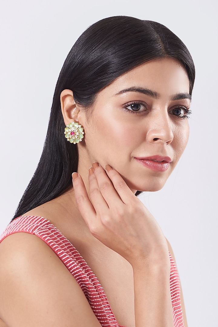 Gold Plated Blush Pink Stone Round Stud Earrings by Just Shraddha