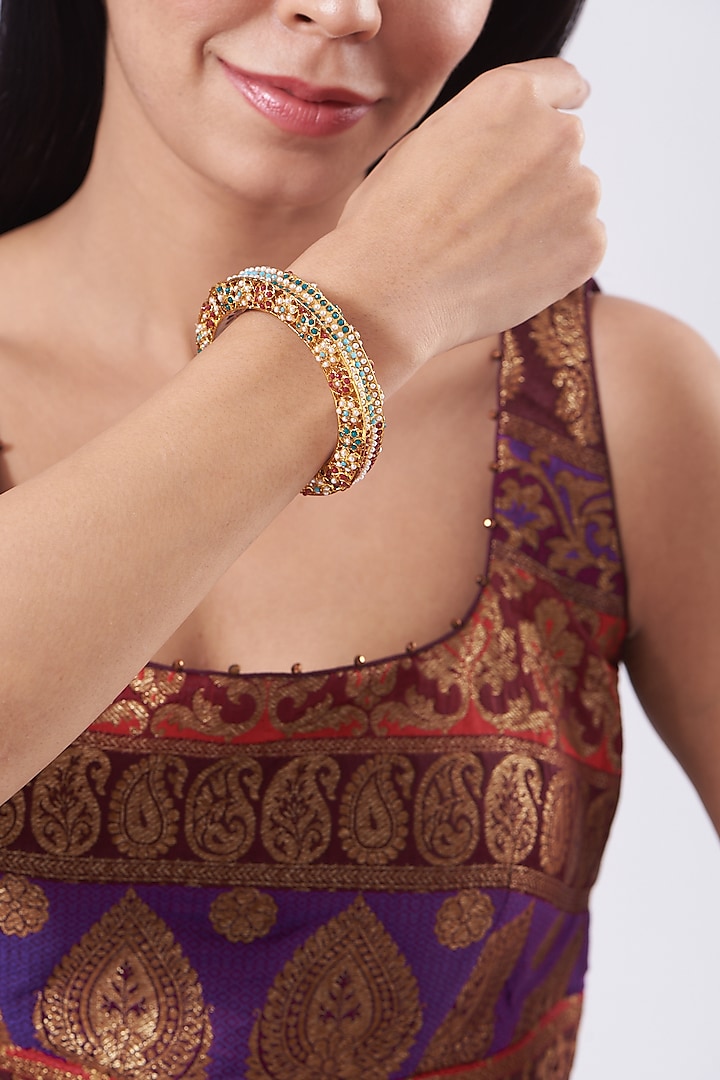 Gold Plated Multi-Colored Bead & Pearl Bangle by Just Shraddha