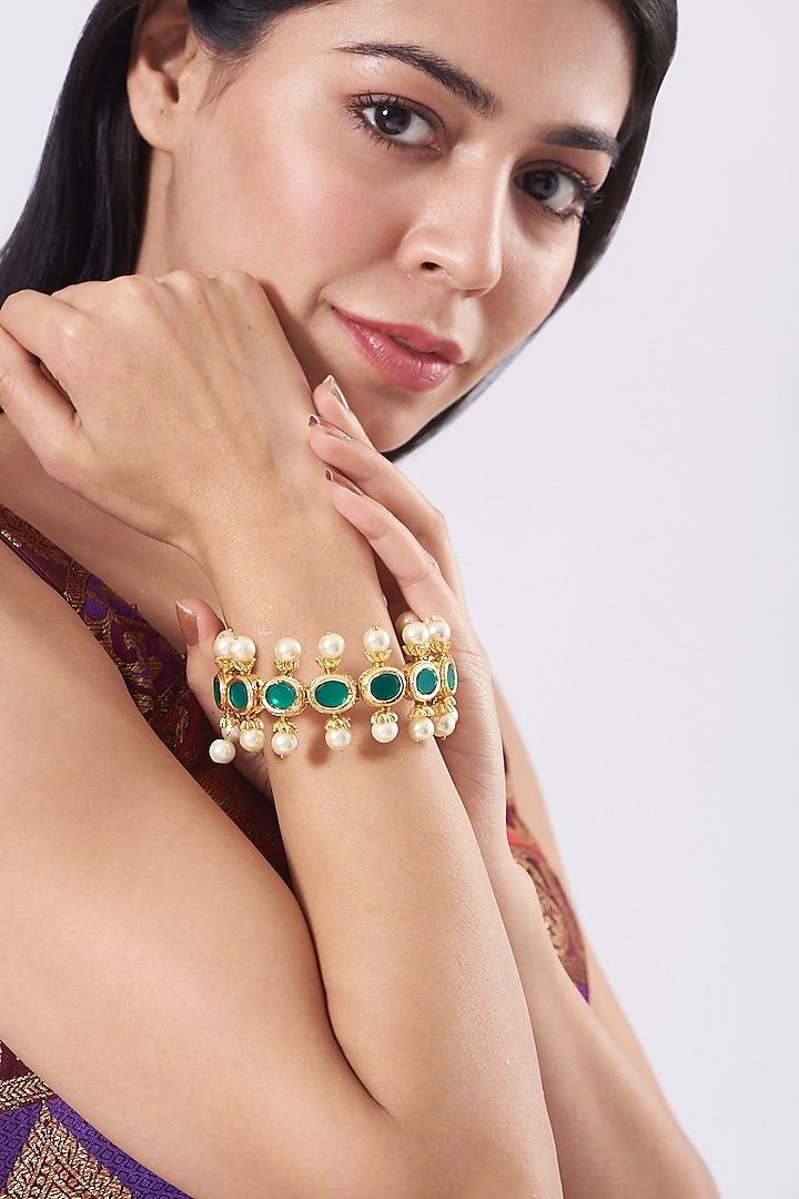 Gold Plated Green Stone Bangle by Just Shraddha