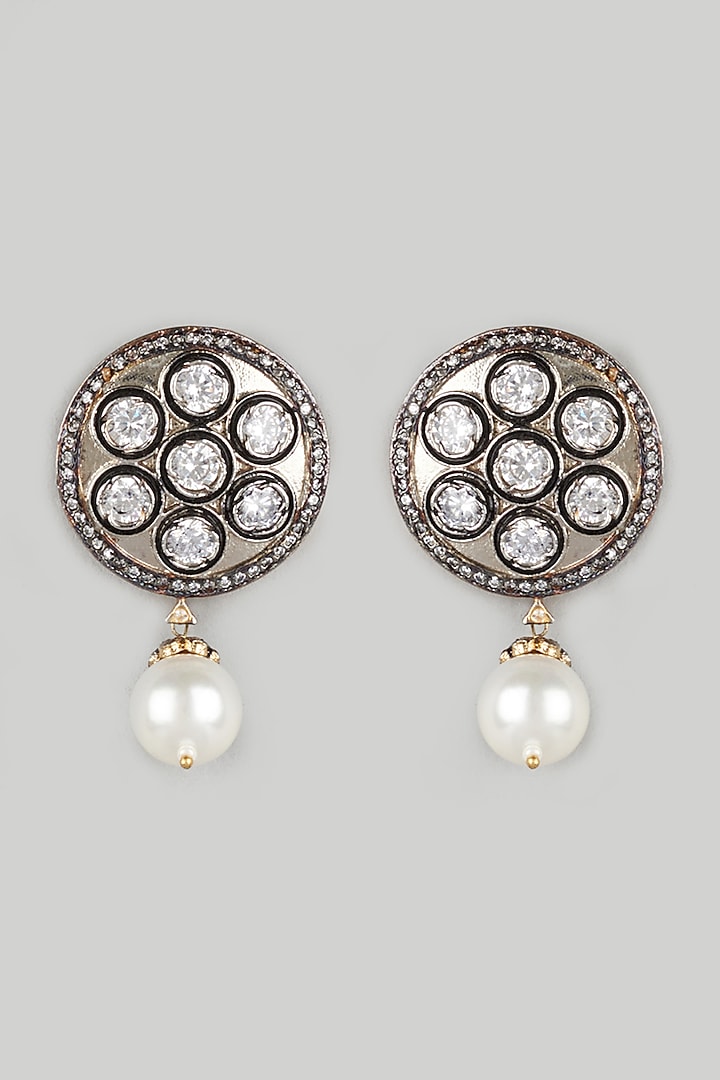 Two Tone Finish White Stone & Pearl Stud Earrings by Just Shraddha at Pernia's Pop Up Shop