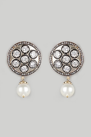Two Tone Finish White Stone & Pearl Stud Earrings by Just Shraddha