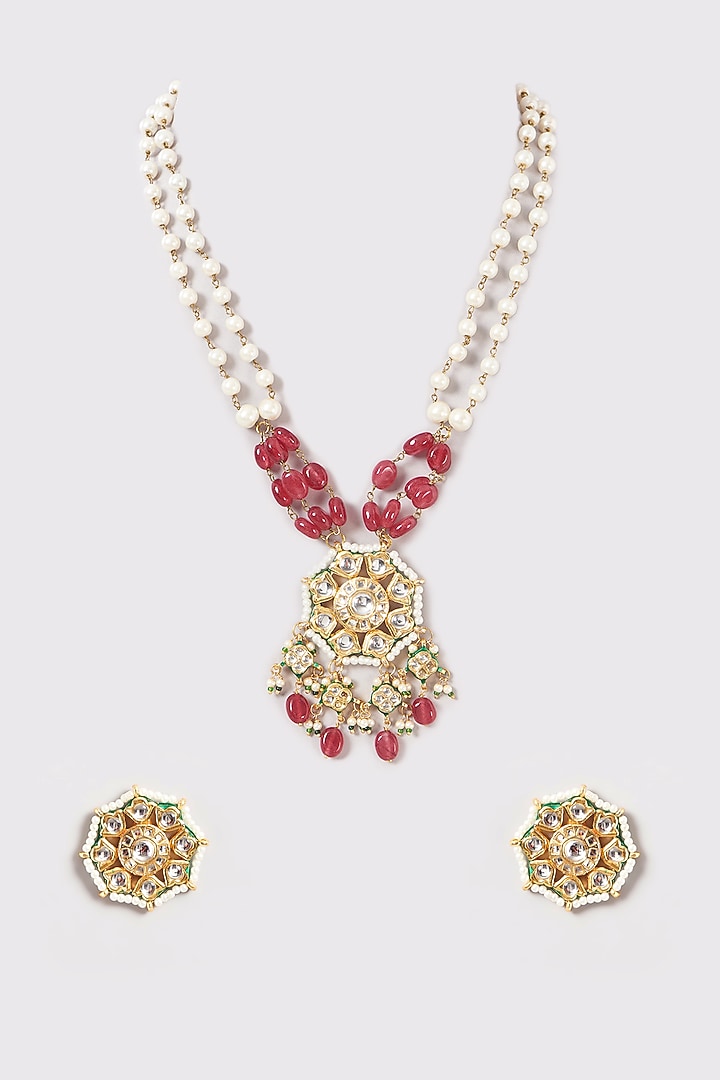 Gold Plated Kundan Polki & Ruby Beaded Long Meenakari Necklace Set by Just Shraddha at Pernia's Pop Up Shop