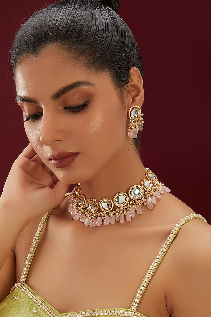 Gold Plated Kundan Polki & Pink Beaded Necklace Set by Just Shraddha at Pernia's Pop Up Shop