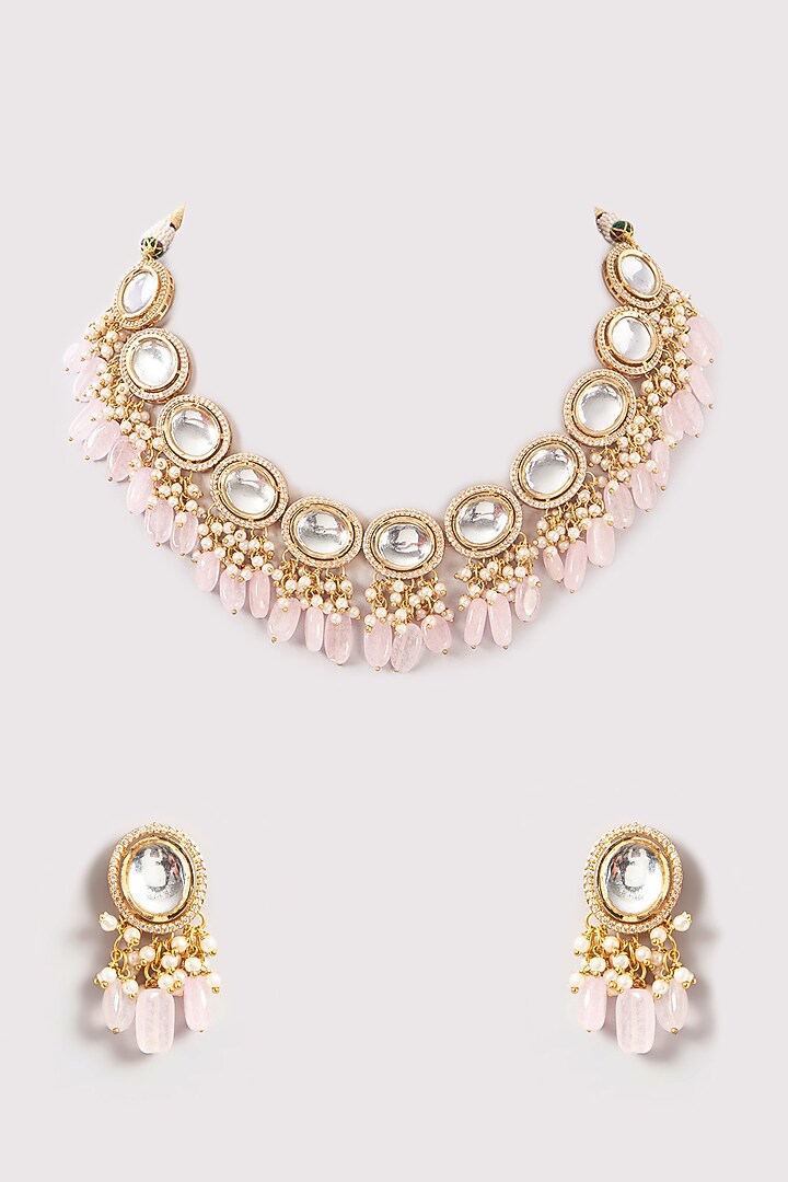 Gold Plated Kundan Polki & Pink Beaded Necklace Set by Just Shraddha at Pernia's Pop Up Shop