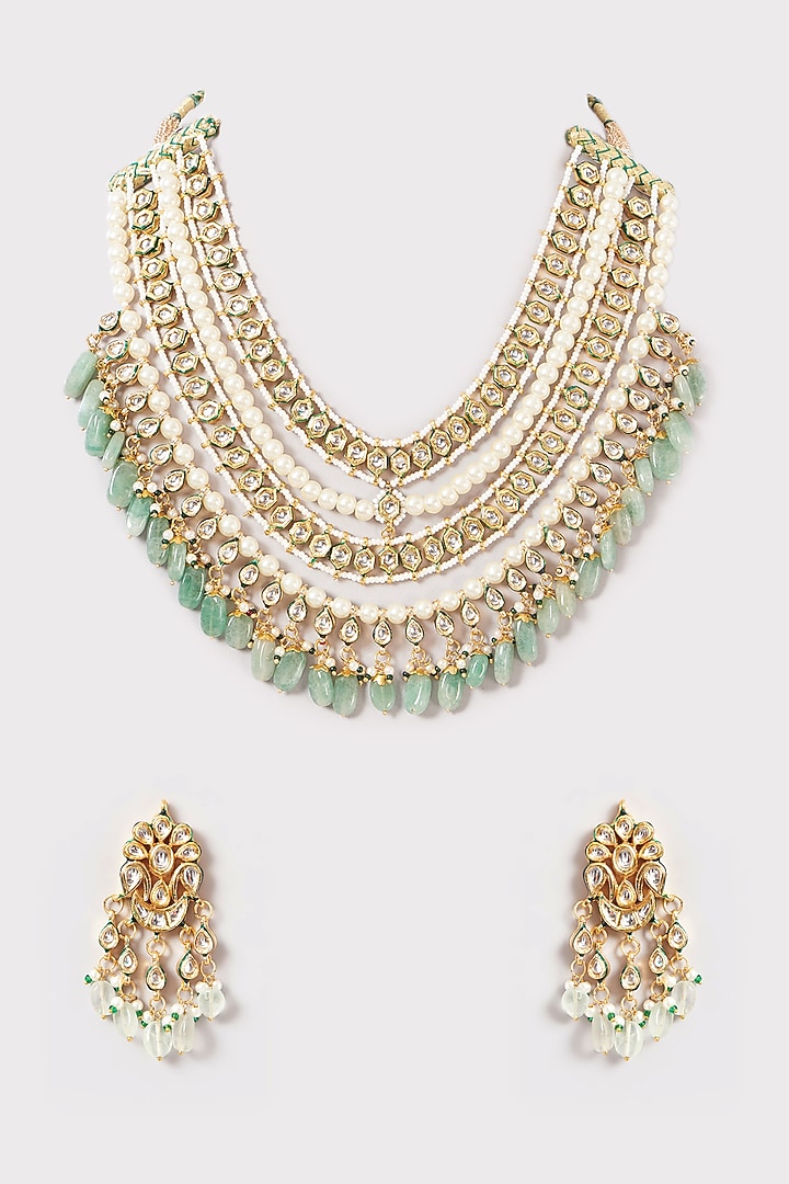 Gold Plated Kundan Polki & Green Beaded Long Layered Necklace Set by Just Shraddha at Pernia's Pop Up Shop