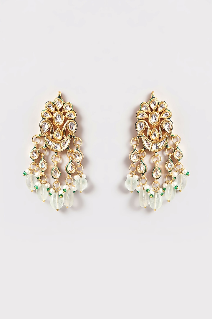 Gold Plated Kundan Polki & Green Beaded Long Layered Necklace Set by Just Shraddha at Pernia's Pop Up Shop
